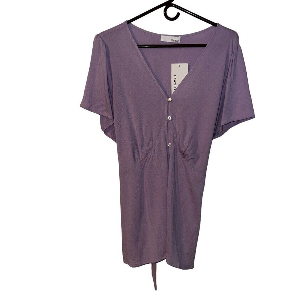 Heatherly Purple V Neck Button Front Tie Back Short Sleeve Blouse Women Size 2X
